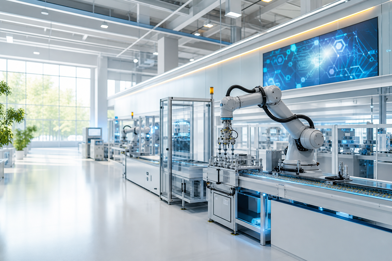 Moderne Smart Factory mit Robotik und vernetzter Industrietechnik